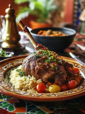 Méchoui d'agneau servi avec salade et frites