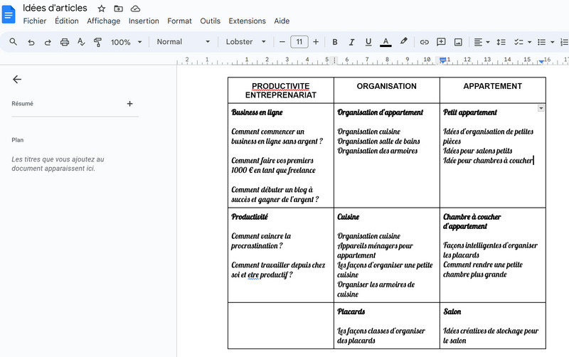 organisation google docs