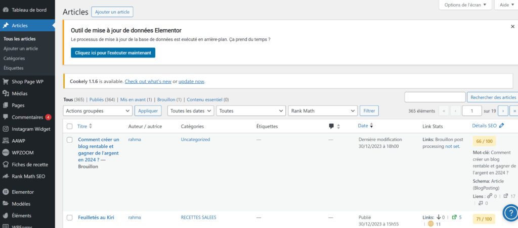 tableau de bord wordpress fitrahma