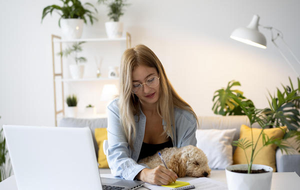 femme coup moyen travaillant chien interieur