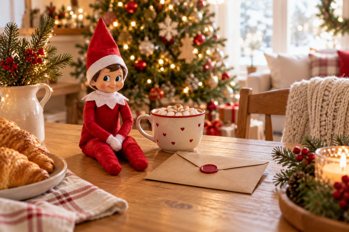 Arrivée du lutin farceur avec une lettre et un chocolat chaud