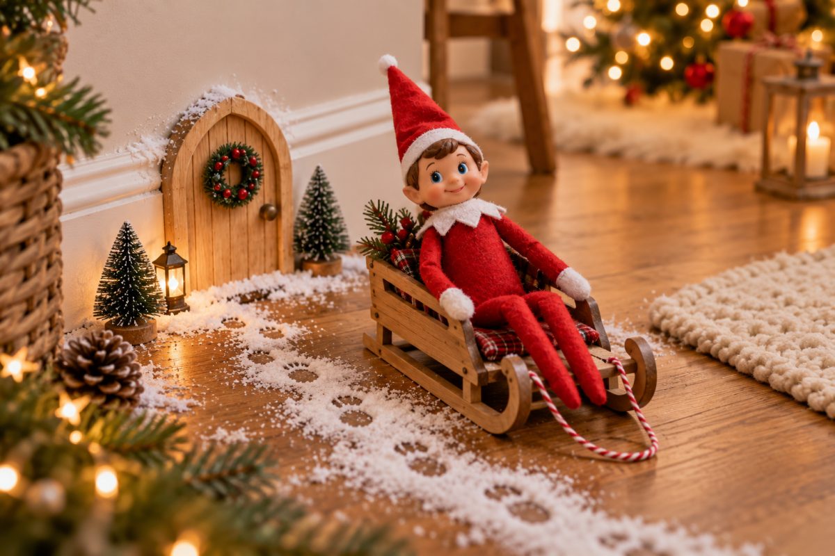 Arrivée du lutin farceur en traîneau