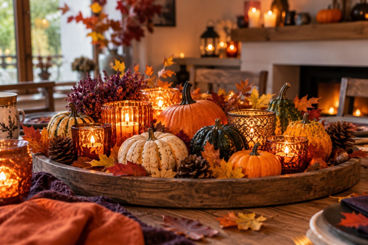 Le plateau de courges et de feuilles