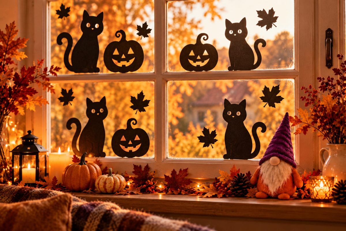 Les silhouettes de chats noirs aux fenêtres