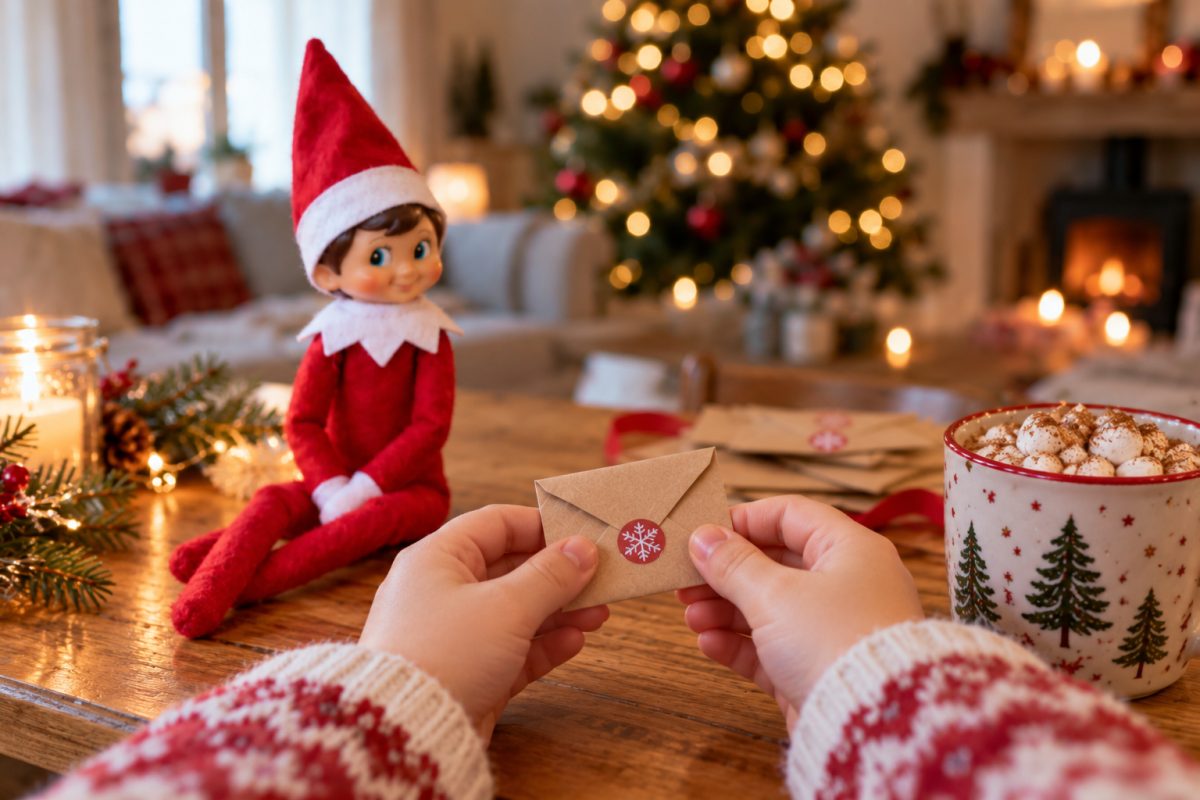 Enfant qui lit une lettre du lutin farceur