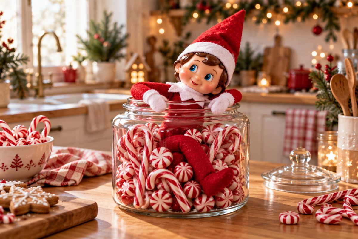 Lutin farceur au milieu de bonbons de Noël