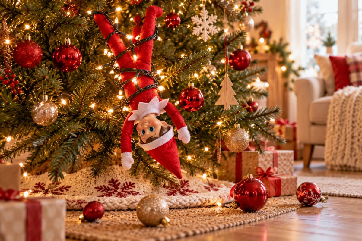 Lutin farceur emmêlé dans la guirlande du sapin