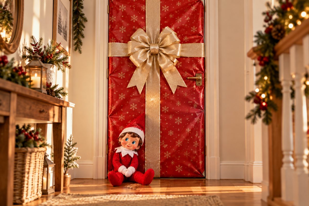 Porte de chambre emballée en papier cadeau par le lutin farceur