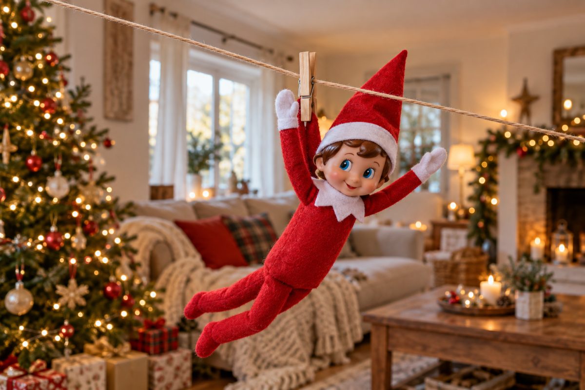 Lutin farceur qui fait de la tyrolienne dans le salon