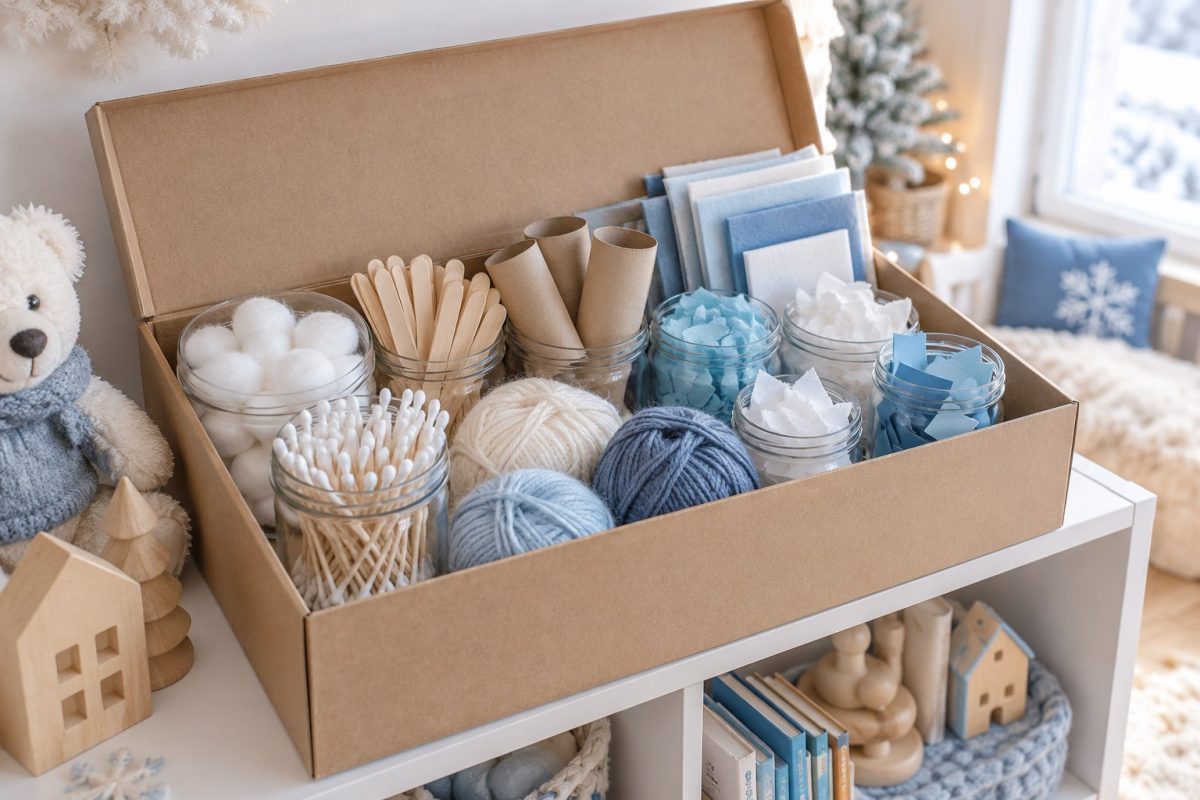 Boîte de rangement avec le matériel de bricolage d'hiver pour enfants