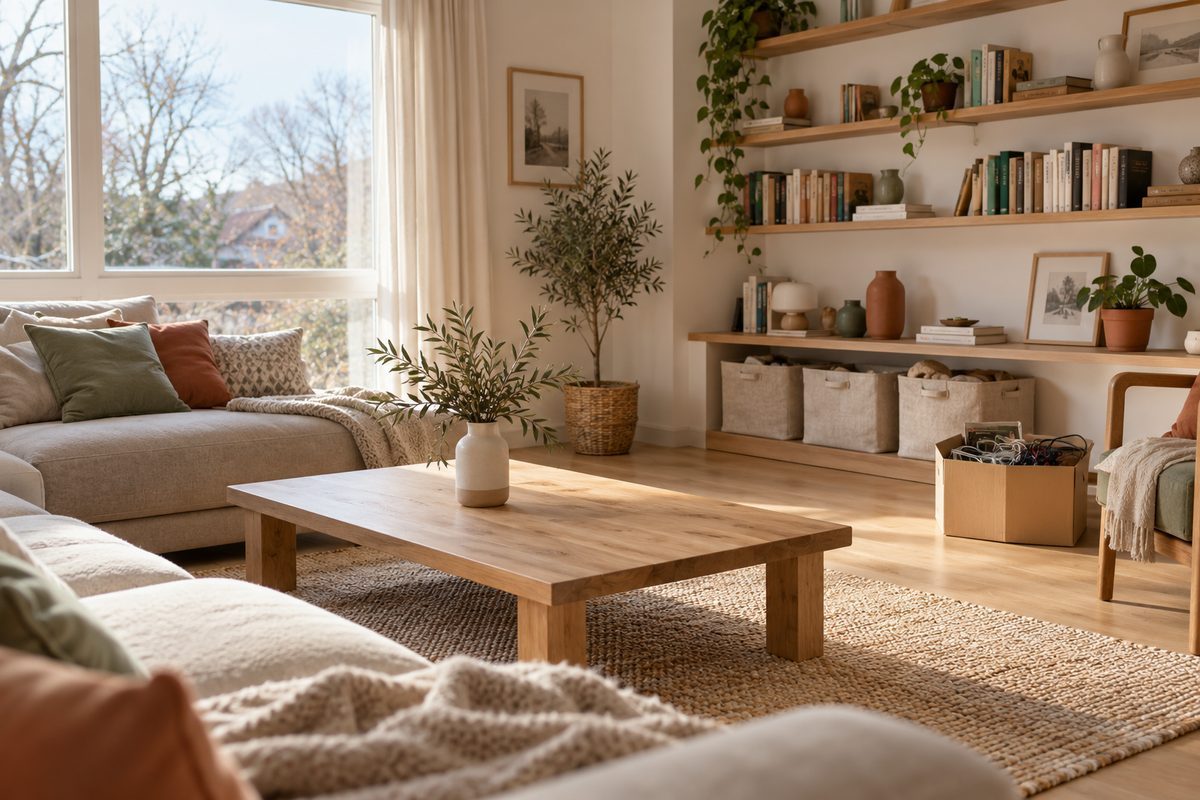 Salon allégé avec une table basse dégagée et des paniers de rangement