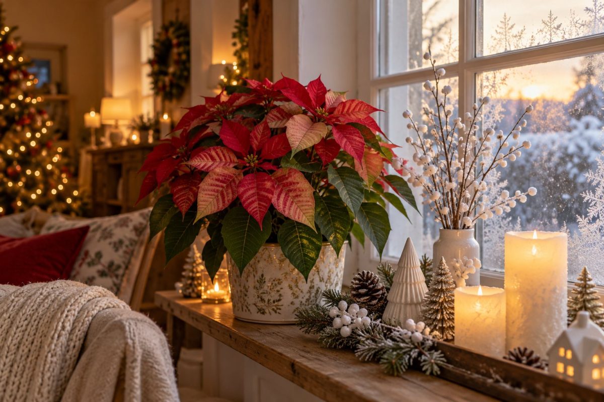 Poinsettia aux bractées pâlissantes près d'une fenêtre en hiver