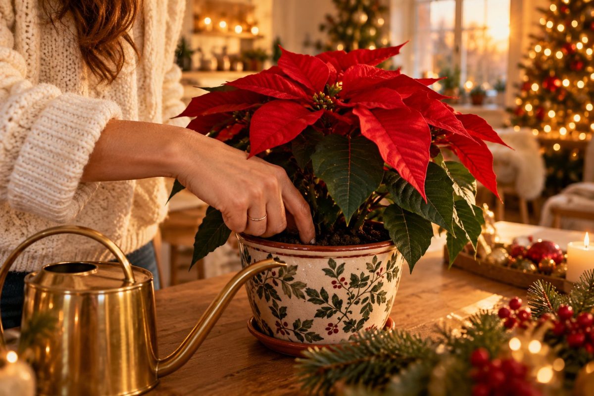 Main qui teste l'humidité de la terre d'un poinsettia avec un doigt