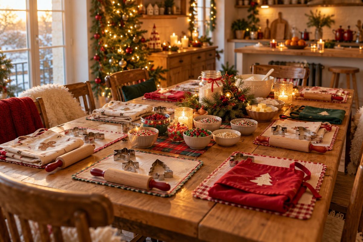 Table de cuisine préparée pour un atelier biscuits de Noël avec les enfants