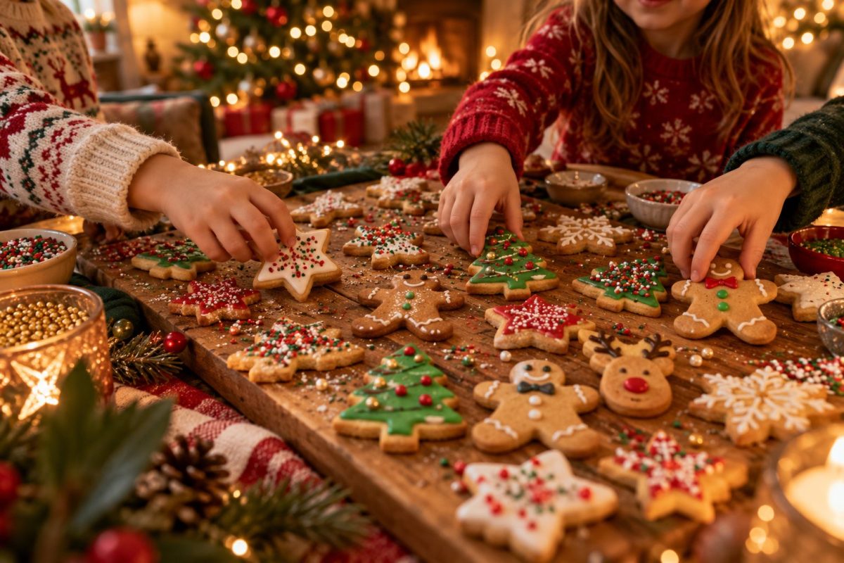 Biscuits de Noël décorés par les enfants sur une grande planche