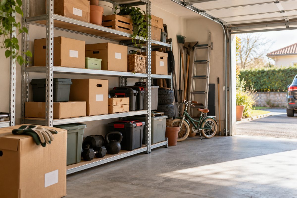 Garage rangé avec cartons étiquetés sur des étagères fixées au mur