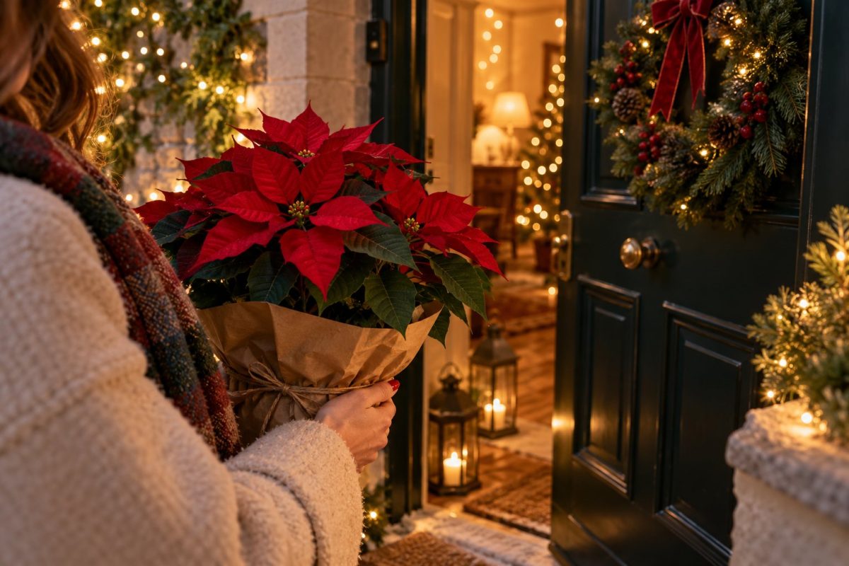 Poinsettia rouge emballé dans une housse en papier kraft porté à la main