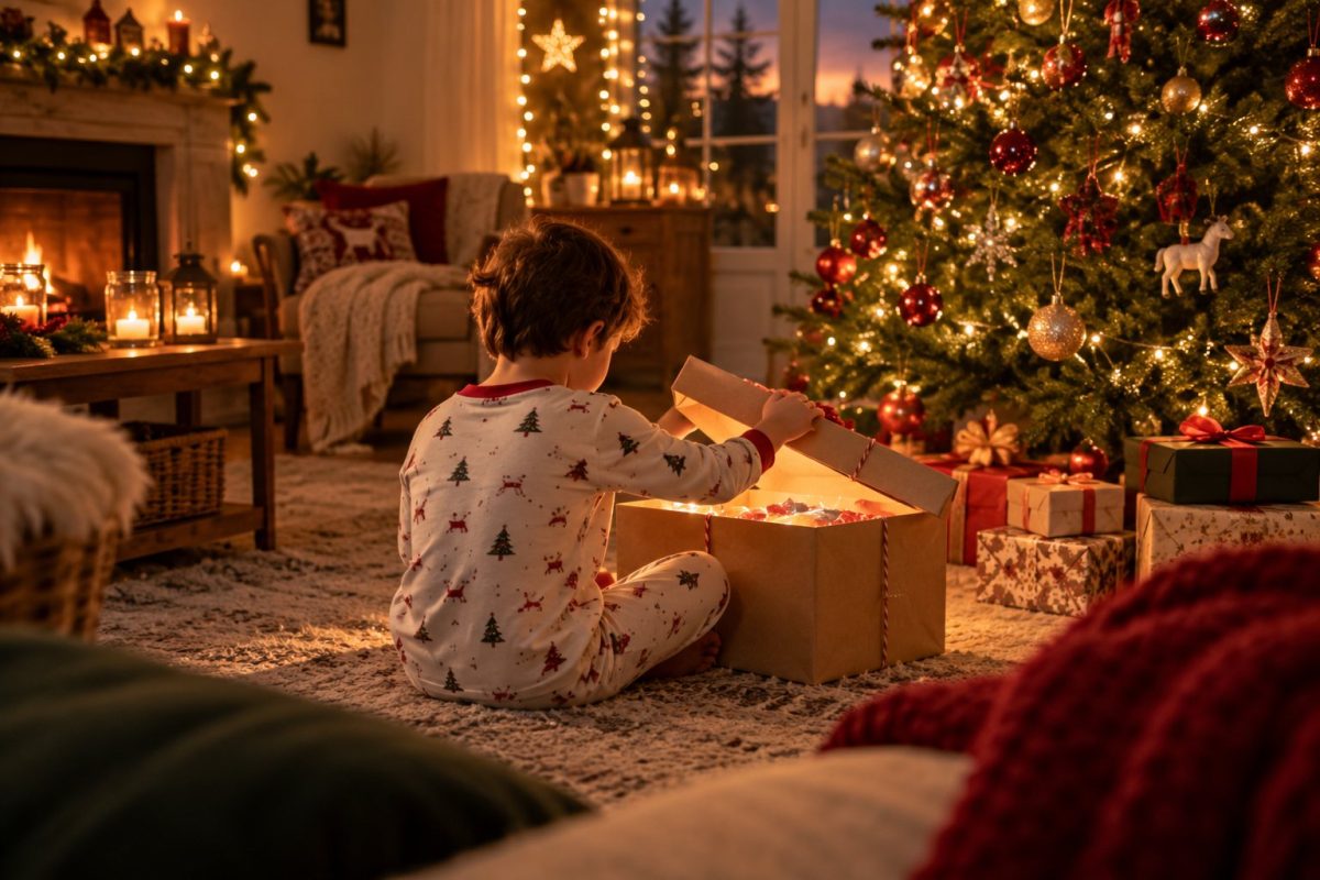 Enfant qui découvre sa boîte du réveillon de Noël
