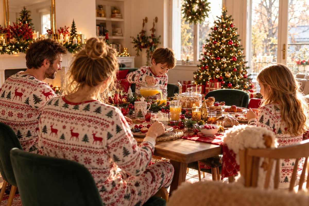 Famille en pyjama qui s'installe pour un brunch de Noël