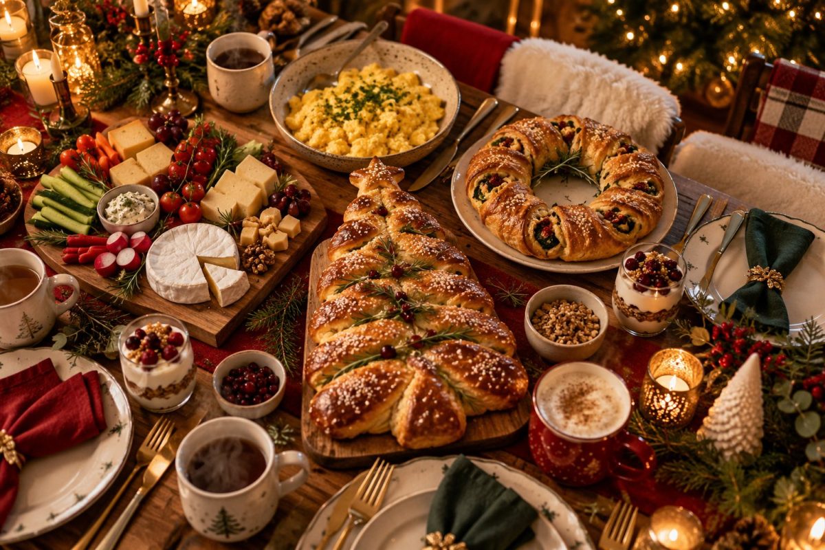 Table de brunch de Noël prête avec plats sucrés et salés