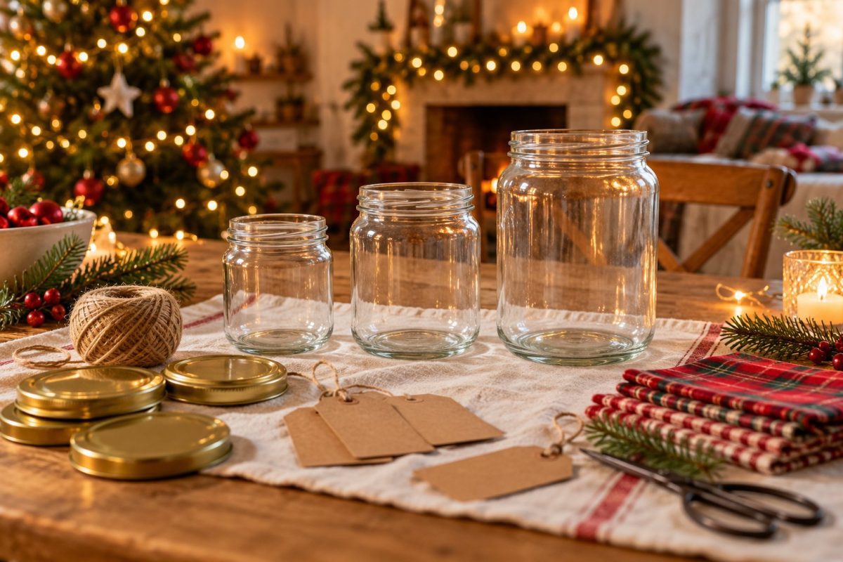 Bocaux en verre propres et étiquettes pour cadeaux gourmands