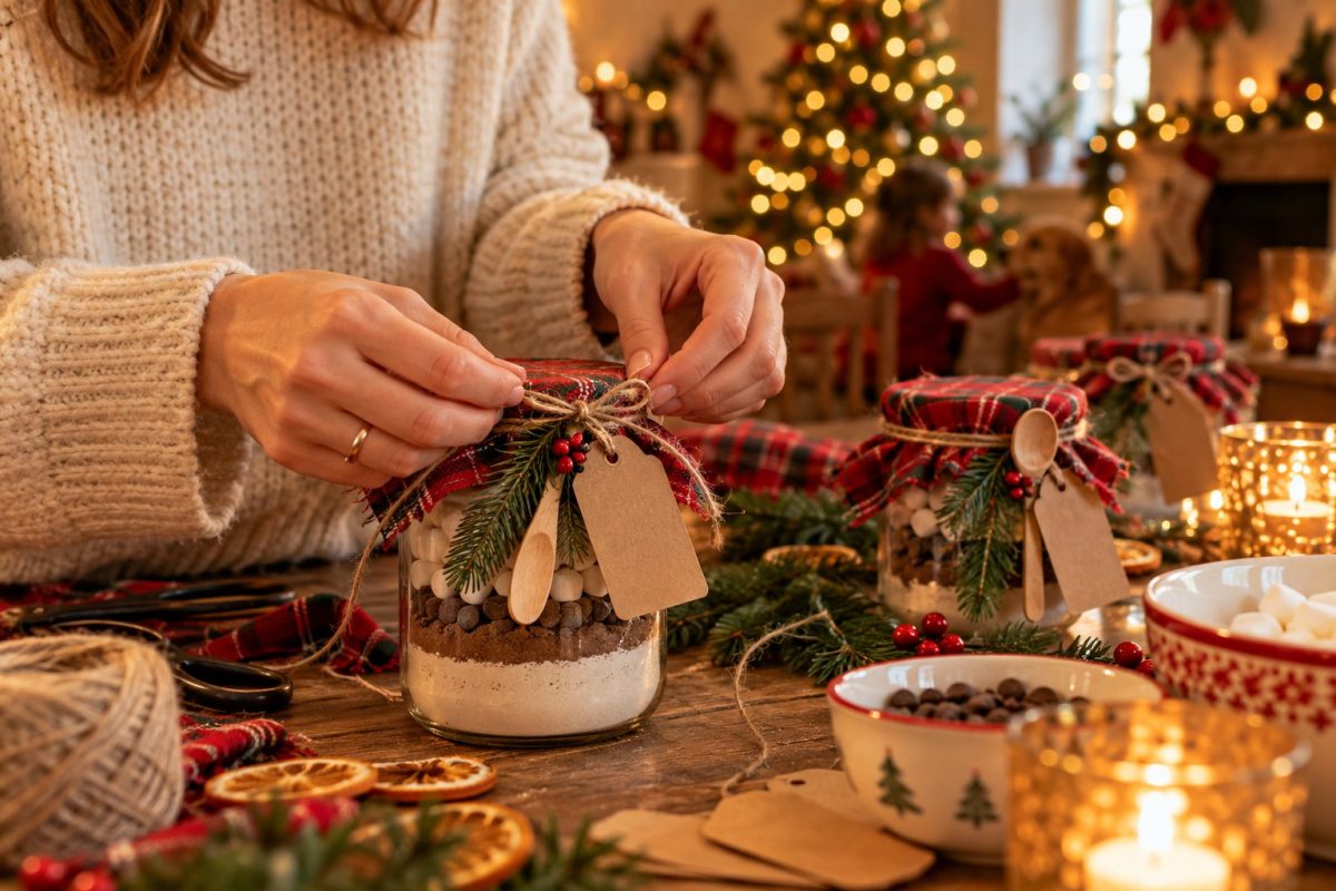 Cadeaux gourmands en bocal emballés avec tissu, ficelle et étiquettes