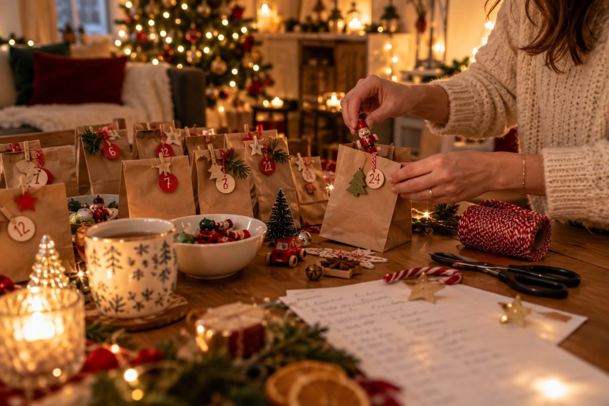 Maman qui prépare les cases d'un calendrier de l'avent