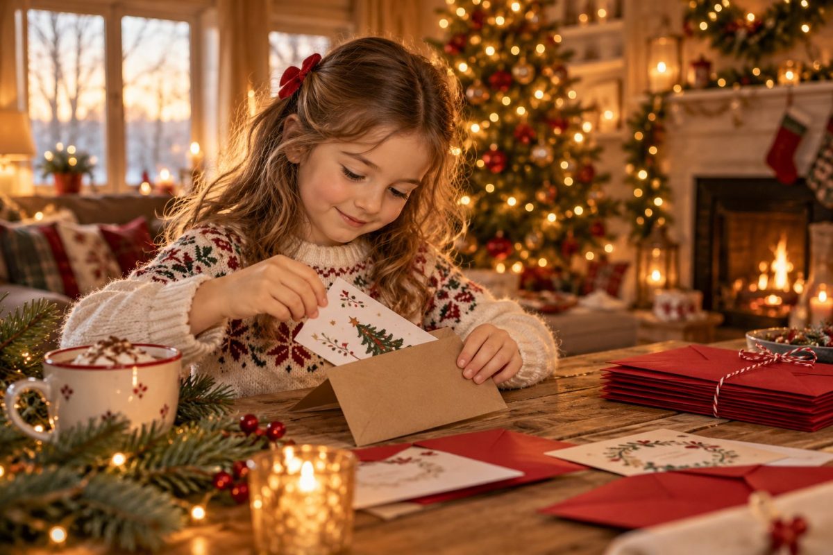 Enfant qui glisse sa carte de Noël dans une enveloppe