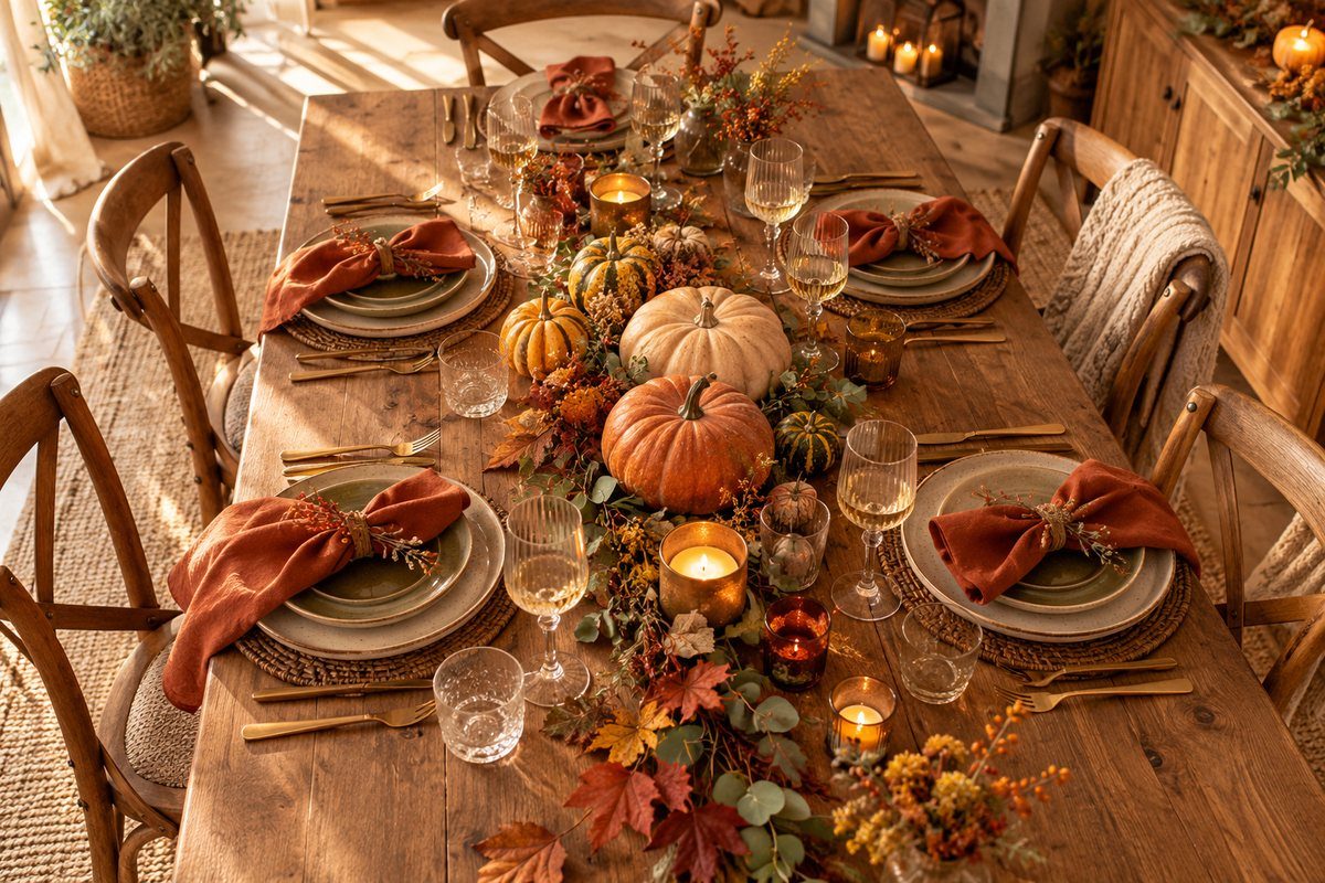 Table d'automne dressée pour un repas de famille