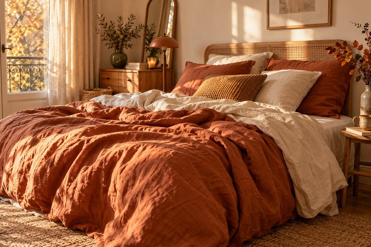 Linge de lit et plaids pour une chambre d'automne