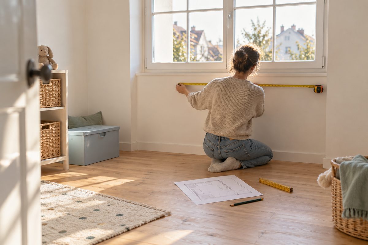 Maman qui mesure une chambre d'enfants avec un mètre ruban et un plan dessiné sur papier