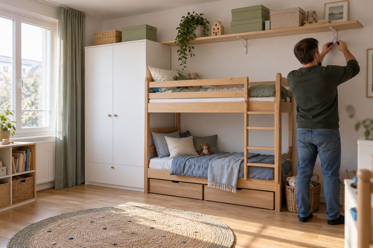 Chambre d'enfants sécurisée avec armoire et étagère fixées au mur par des équerres