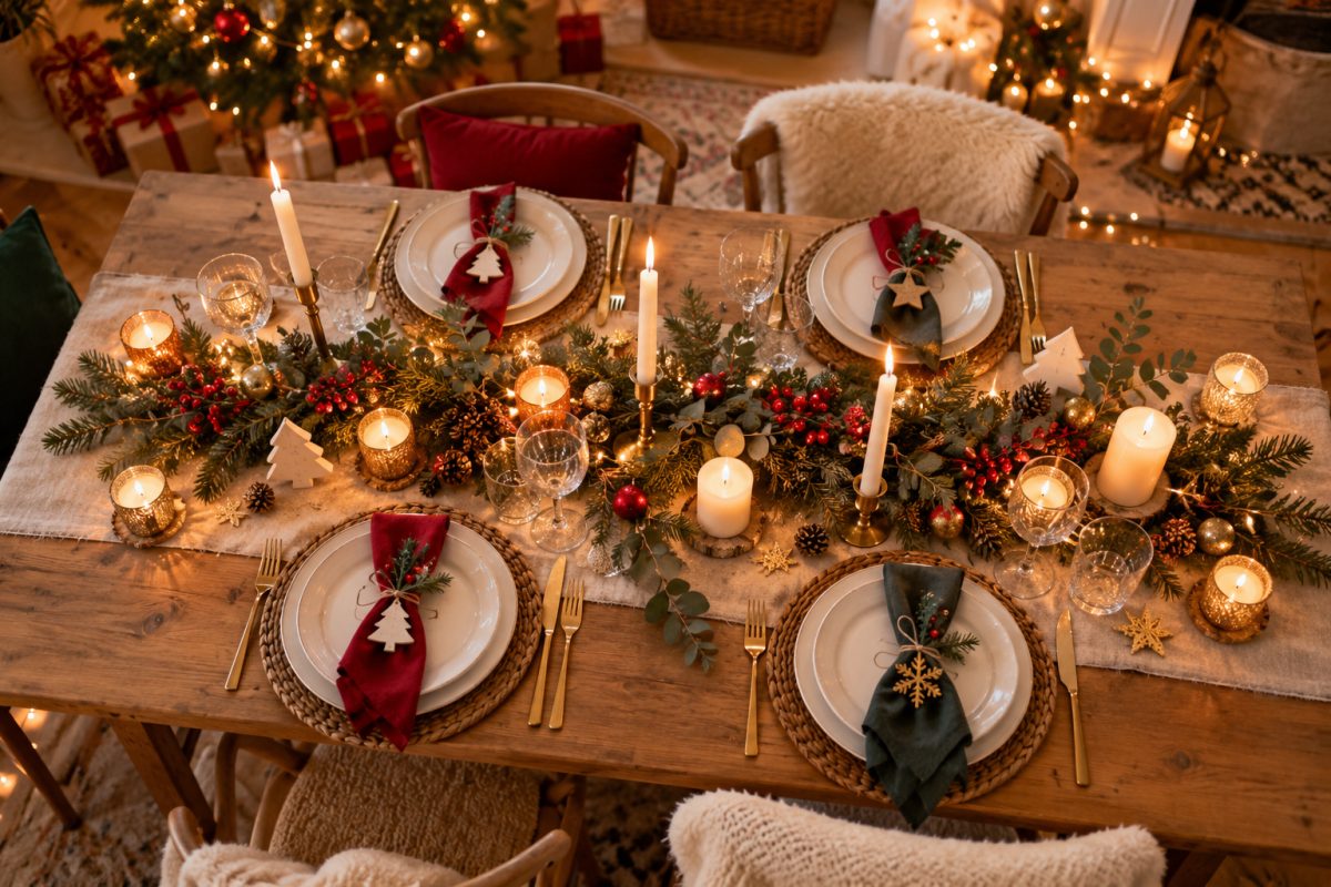 Table de Noël dressée avec un chemin de table