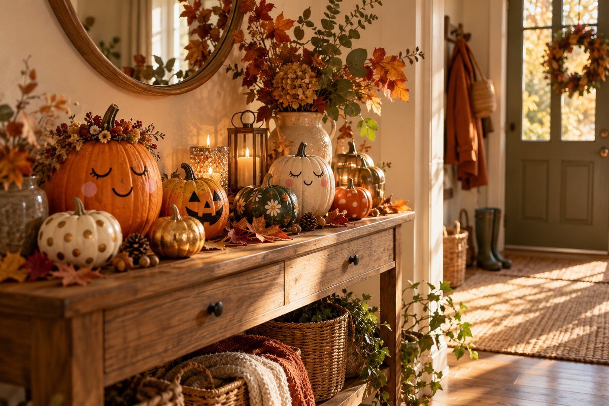 Citrouilles décorées exposées dans la maison