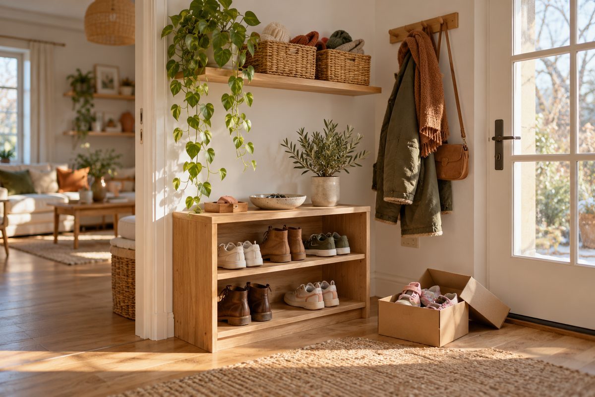 Entrée désencombrée avec quelques paires de chaussures et des paniers pour les accessoires