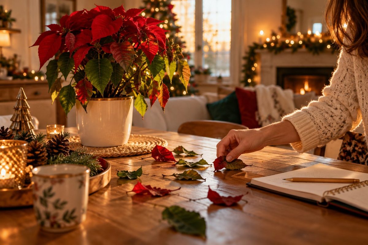 Quelques feuilles de poinsettia tombées sur une table près du pot