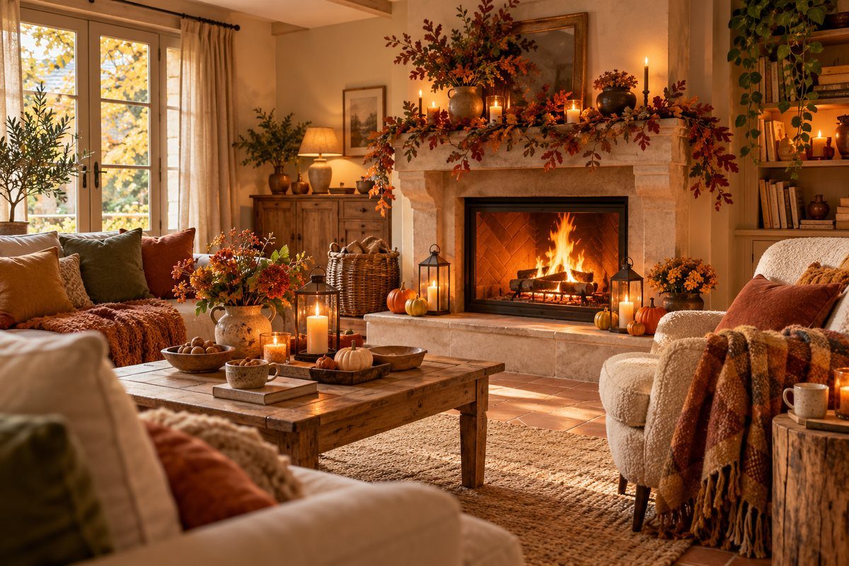Cheminée et salon décorés pour l'automne