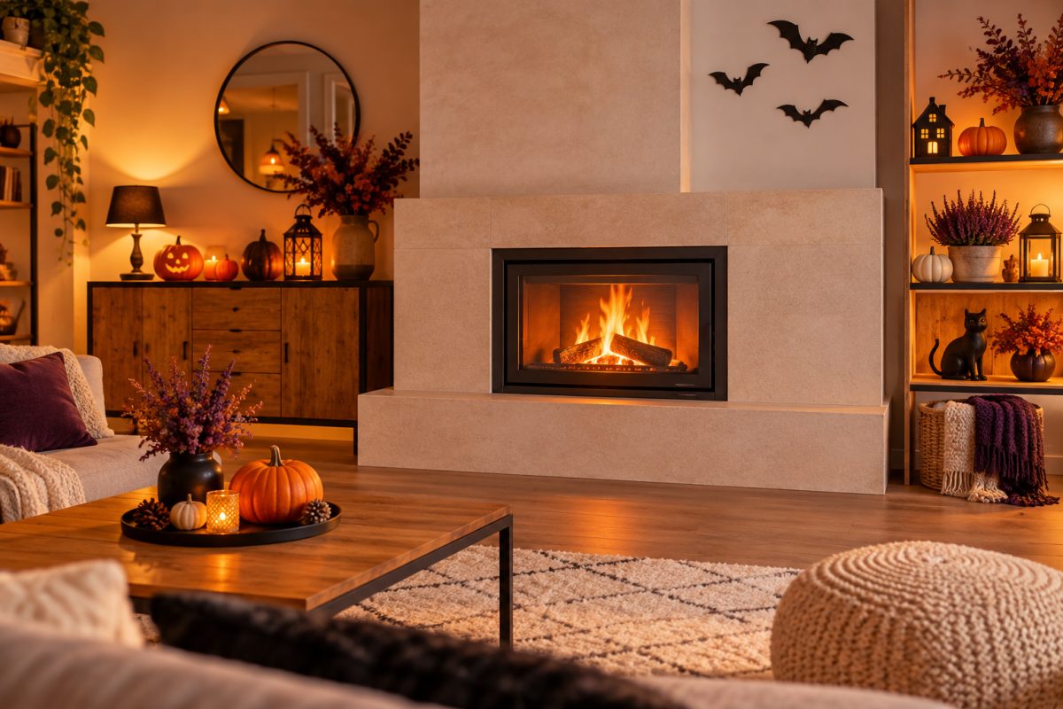 Cheminée en fonctionnement décorée en sécurité