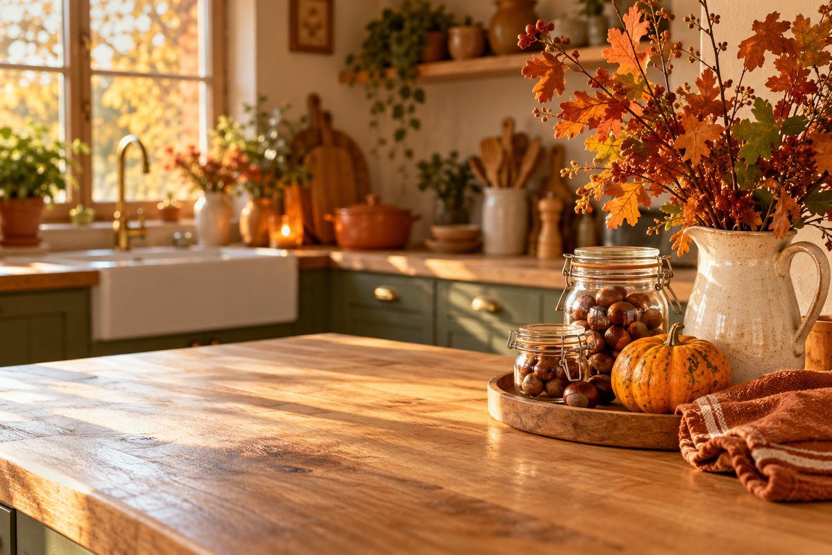 Plan de travail de cuisine décoré pour l'automne