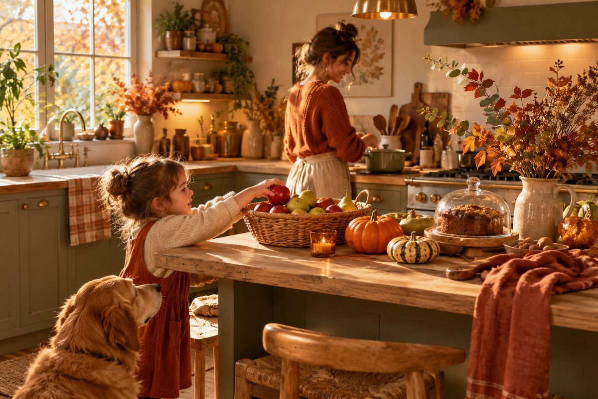 Cuisine familiale décorée pour l'automne