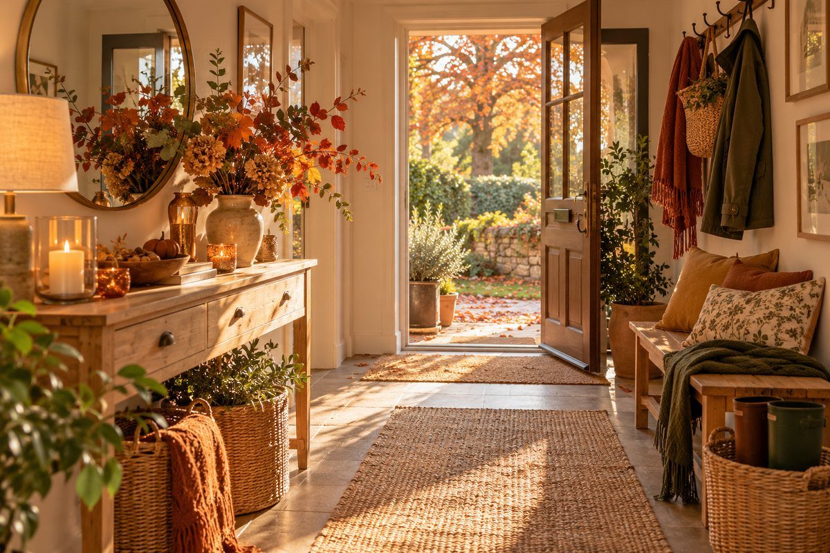 Entrée de maison décorée pour l'automne