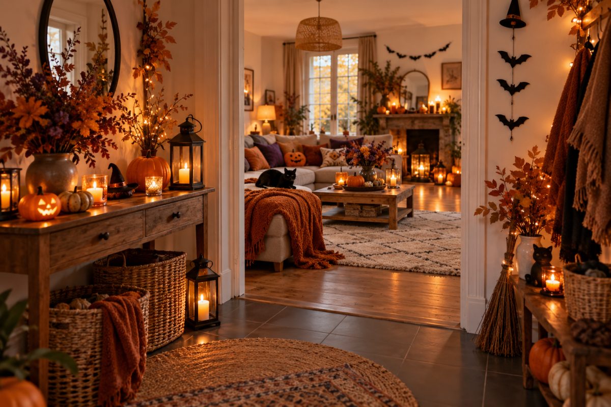 Entrée et salon décorés pour Halloween
