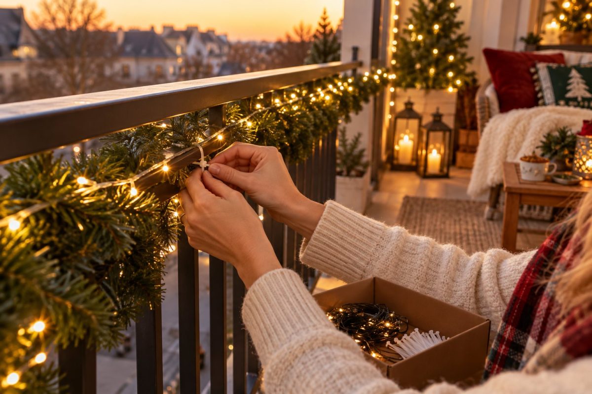 Guirlande d'extérieur fixée au garde-corps d'un balcon avec des colliers