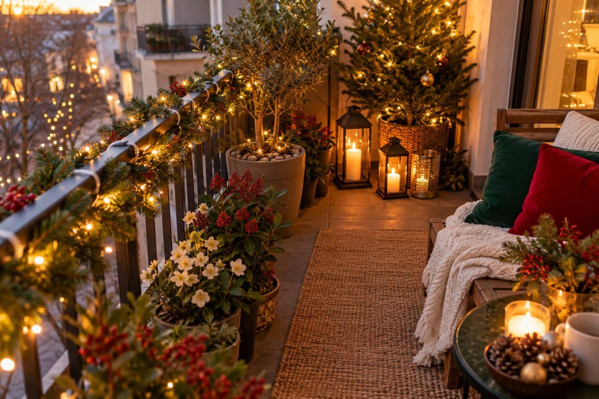 Pots lestés et décorations bien fixées sur un balcon en hiver