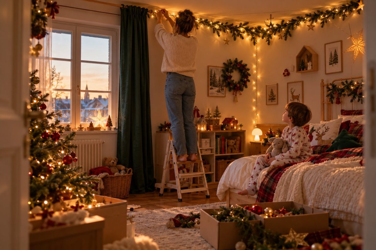Maman qui fixe une guirlande lumineuse en hauteur dans une chambre d'enfant
