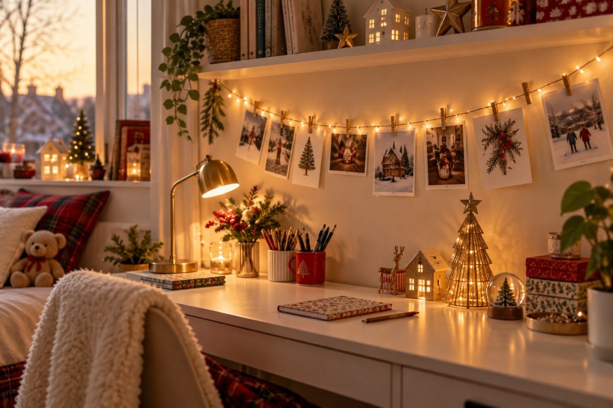 Chambre de frère et sœur décorée pour Noël avec deux coins différents