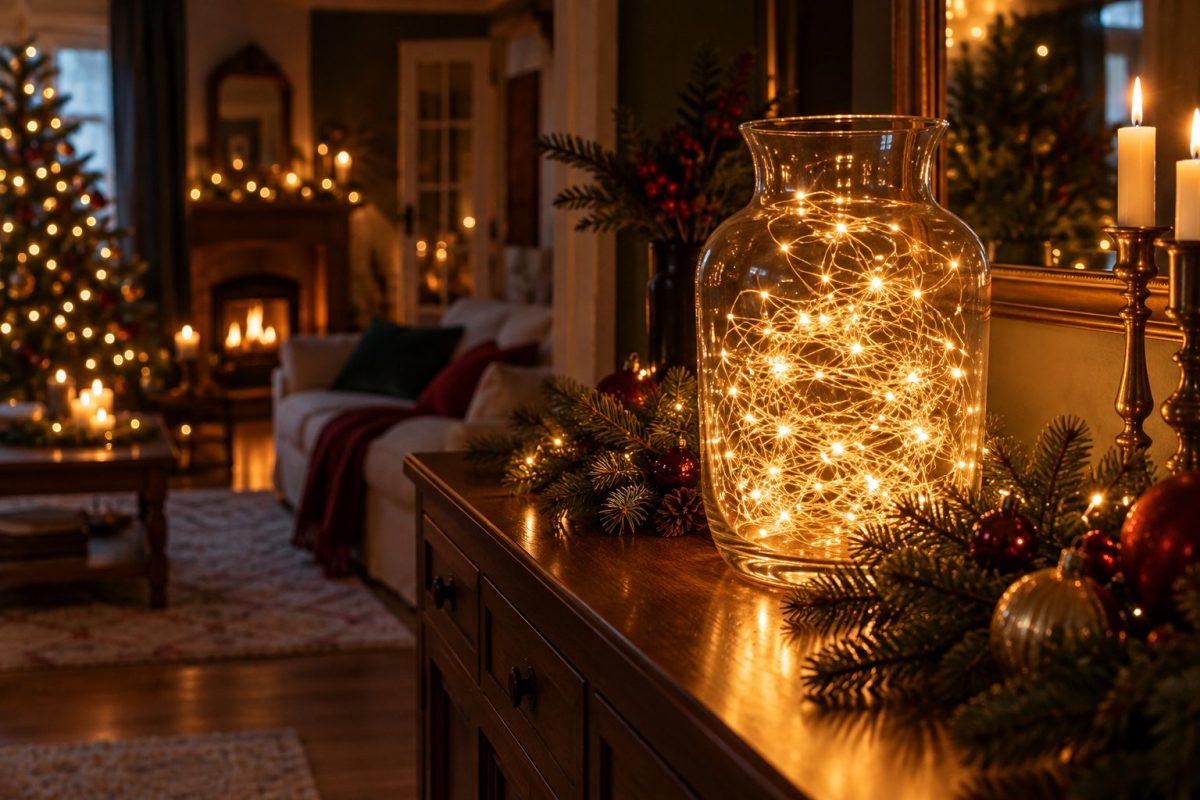 Panier rempli d'objets de la maison pour une déco de Noël rapide