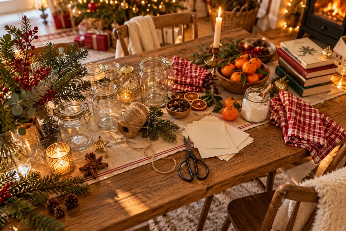 Objets du quotidien rassemblés pour une décoration de Noël express