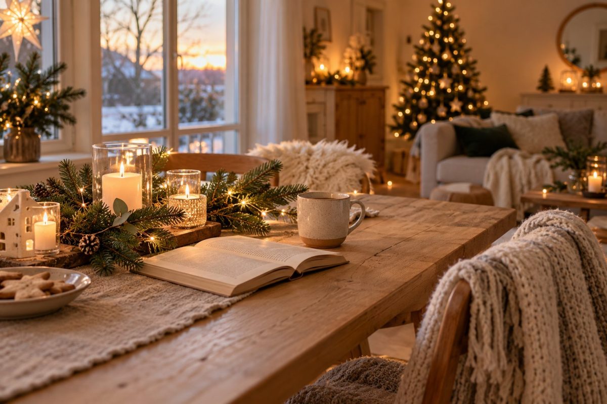 Ambiance de Noël scandinave avec bougies LED et branches de sapin