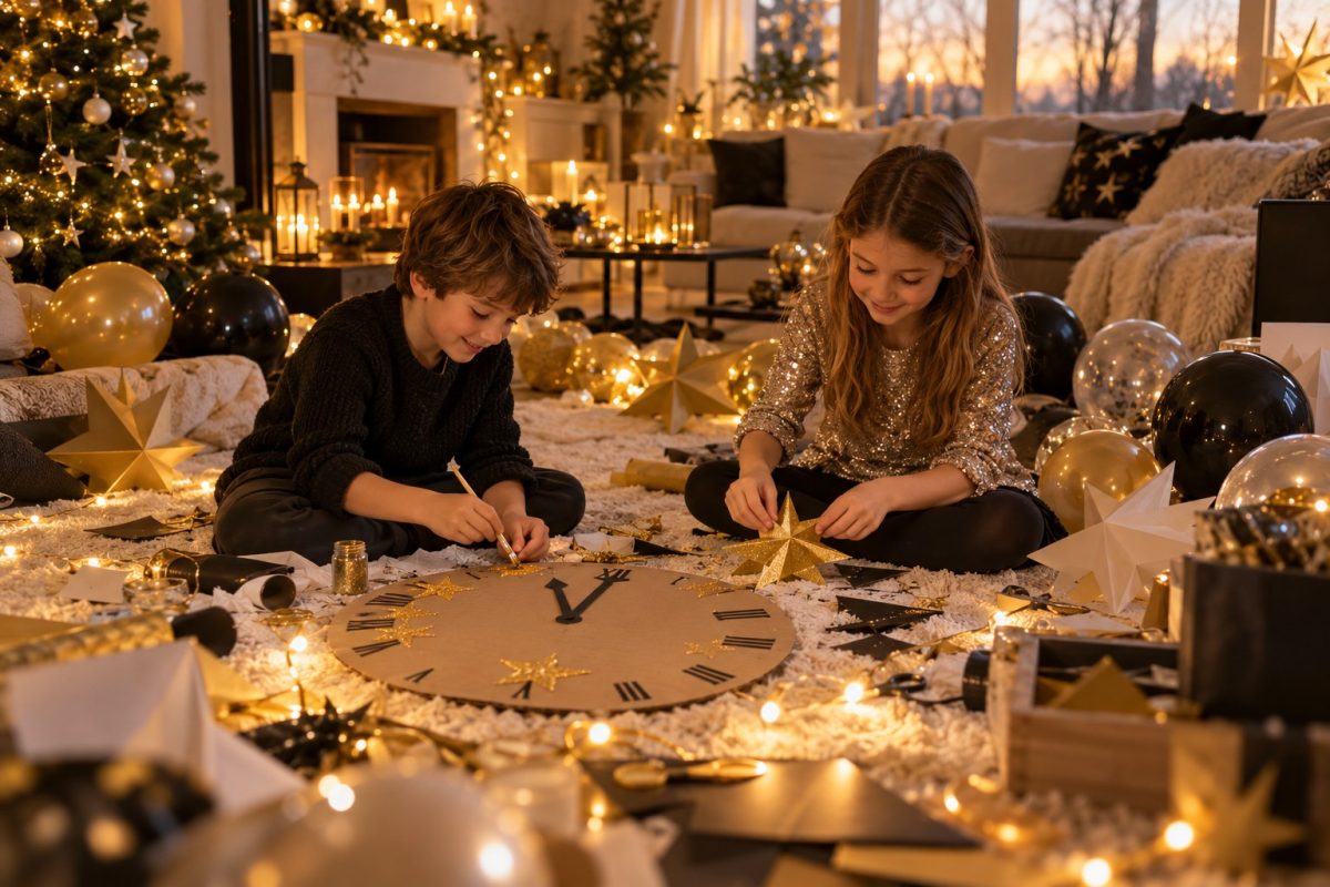 Enfants qui préparent la déco du Nouvel An dans le salon